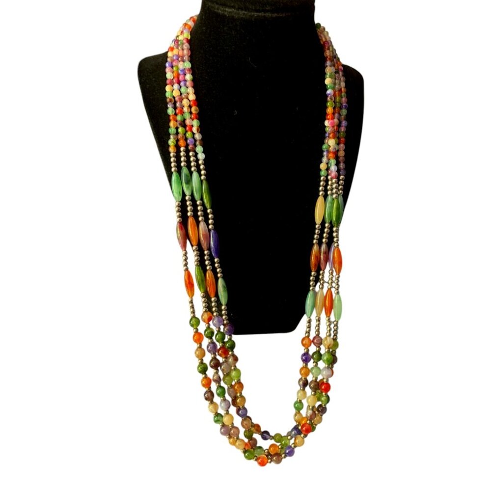 VTG Faux Agate Multi Strand Necklace Lucite Multicolor Beaded